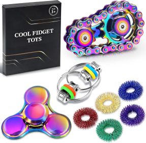 8Pcs Fidget Toys Adults Fidgets Spinner Autism Sensory Pack Spiky Sensory Rings for Anxiety Metal Bike Chain Roller Cool Gadgets for Teen Boys AD