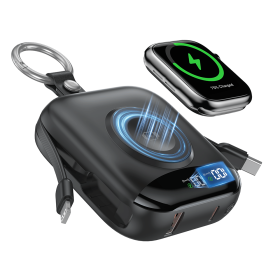 10000mAh Wireless Power Bank with Built-in USB-C & Lightning Cables, Black Portable Charger for Apple Watch, iPhone 16/15/14, Samsung Galaxy & Ai