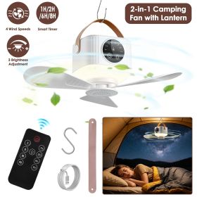 2-in-1 Camping Fan with LED Lantern Remote Control, 4 Wind Speeds 3 Light Brightness Timer Function 7200mAh Rechargeable Hanging Tent Fan