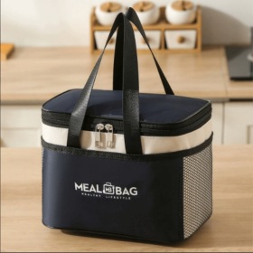 M-sized navy blue insulated storage bag, thick aluminum foil waterproof lunch cooler tote bag with reinforced handle