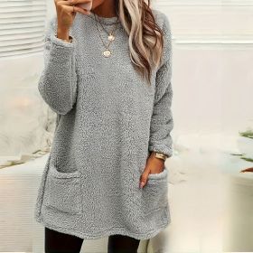 Women's Long Sleeved Pocket Plush Hoodie T-shirt (Option: Grey-XL)