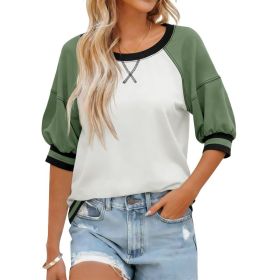 Fisoew Womens Crewneck Sweatshirt Ribbed Raglan Half Sleeve Pullover Tops Color Block Loose Fit Sweatshirts (Option: Green-L)