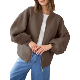 Fisoew Womens Zip Up Sweatshirt Casual Bomber Jacket Lantern Sleeve Oversized Jacket Fall Outfits 2025 (Option: Coffee-XXL)