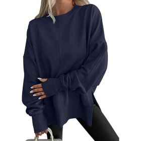 Fashion Casual Round Neck Pullover Loose Sports Long-sleeved Sweater (Option: Navy Blue-XL)