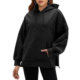 Fisoew Women's Hoodies Oversized Sweatshirts Casual Long Sleeve Side Slit Pullover Tops Fall Winter Outfits With Pocket (Option: Black-L)