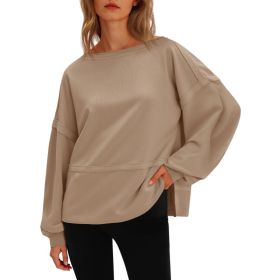 Fisoew Womens Casual Crewneck Sweatshirts Lantern Long Sleeve Side Slit Loose Sweatshirt Fall Crop Pullover Tops (Option: Khaki-L)