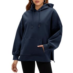 Fisoew Women's Hoodies Oversized Sweatshirts Casual Long Sleeve Side Slit Pullover Tops Fall Winter Outfits With Pocket (Option: Navy-L)