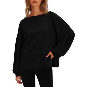 Fisoew Womens Casual Crewneck Sweatshirts Lantern Long Sleeve Side Slit Loose Sweatshirt Fall Crop Pullover Tops (Option: Black-L)
