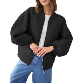 Fisoew Womens Zip Up Sweatshirt Casual Bomber Jacket Lantern Sleeve Oversized Jacket Fall Outfits 2025 (Option: Black-XL)
