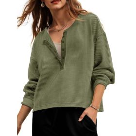 Fisoew Womens Cropped Sweatshirt Casual Waffle Knit Button V Neck Long Sleeve Loose Fit Fall Crop Tops (Option: Army Green-L)