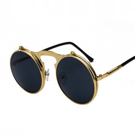 Fashion Vintage Steampunk Sunglasses Retro Round Metal Sun Glasses for Men and Womes (Frame Color: Black, Lenses Color: GoldBlackGrey)