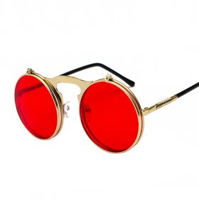 Fashion Vintage Steampunk Sunglasses Retro Round Metal Sun Glasses for Men and Womes (Frame Color: Black, Lenses Color: GoldRed)
