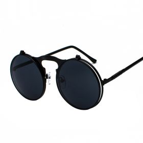 Fashion Vintage Steampunk Sunglasses Retro Round Metal Sun Glasses for Men and Womes (Frame Color: Black, Lenses Color: BlackGrey)