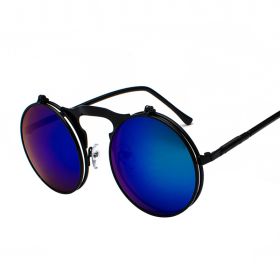 Fashion Vintage Steampunk Sunglasses Retro Round Metal Sun Glasses for Men and Womes (Frame Color: Black, Lenses Color: BlackBlueGreen)