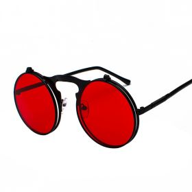 Fashion Vintage Steampunk Sunglasses Retro Round Metal Sun Glasses for Men and Womes (Frame Color: Black, Lenses Color: BlackRed)
