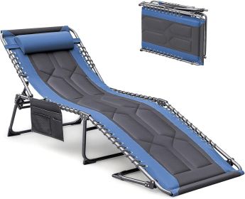 4-Fold Padded Portable Folding Outdoor Chaise Lounge Heavy Duty Reclining Chair with Pillow & Side Pocket (Color: Blue)