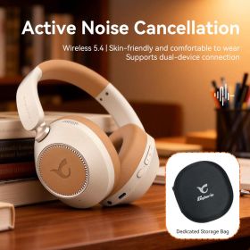 CYBORIS Active Noise Cancelling Headphones, Bluetooth 5.4 Wireless on Ear ANC Headphone with 65H Playtime, Deep Bass, Low Latency (Color: Beige)