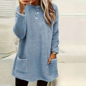 Women's Long Sleeved Pocket Plush Hoodie T-shirt (Option: Blue-S)
