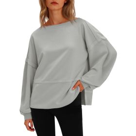 Fisoew Womens Casual Crewneck Sweatshirts Lantern Long Sleeve Side Slit Loose Sweatshirt Fall Crop Pullover Tops (Option: Grey-L)