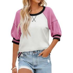 Fisoew Womens Crewneck Sweatshirt Ribbed Raglan Half Sleeve Pullover Tops Color Block Loose Fit Sweatshirts (Option: Pink-M)
