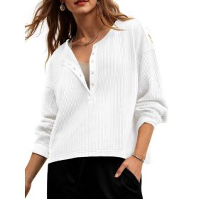 Fisoew Womens Cropped Sweatshirt Casual Waffle Knit Button V Neck Long Sleeve Loose Fit Fall Crop Tops (Option: White-S)