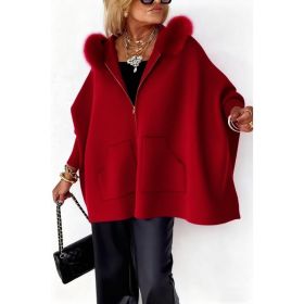 Ins Plush Hooded Cardigan Fashion Warm Pockets Zip-up Knitted Jacket Casual Outerwear Batwing Sleeve Sweater Women's Clothing (Option: Red-XS)