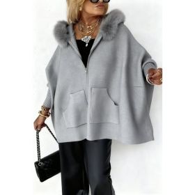 Ins Plush Hooded Cardigan Fashion Warm Pockets Zip-up Knitted Jacket Casual Outerwear Batwing Sleeve Sweater Women's Clothing (Option: Gray-XS)